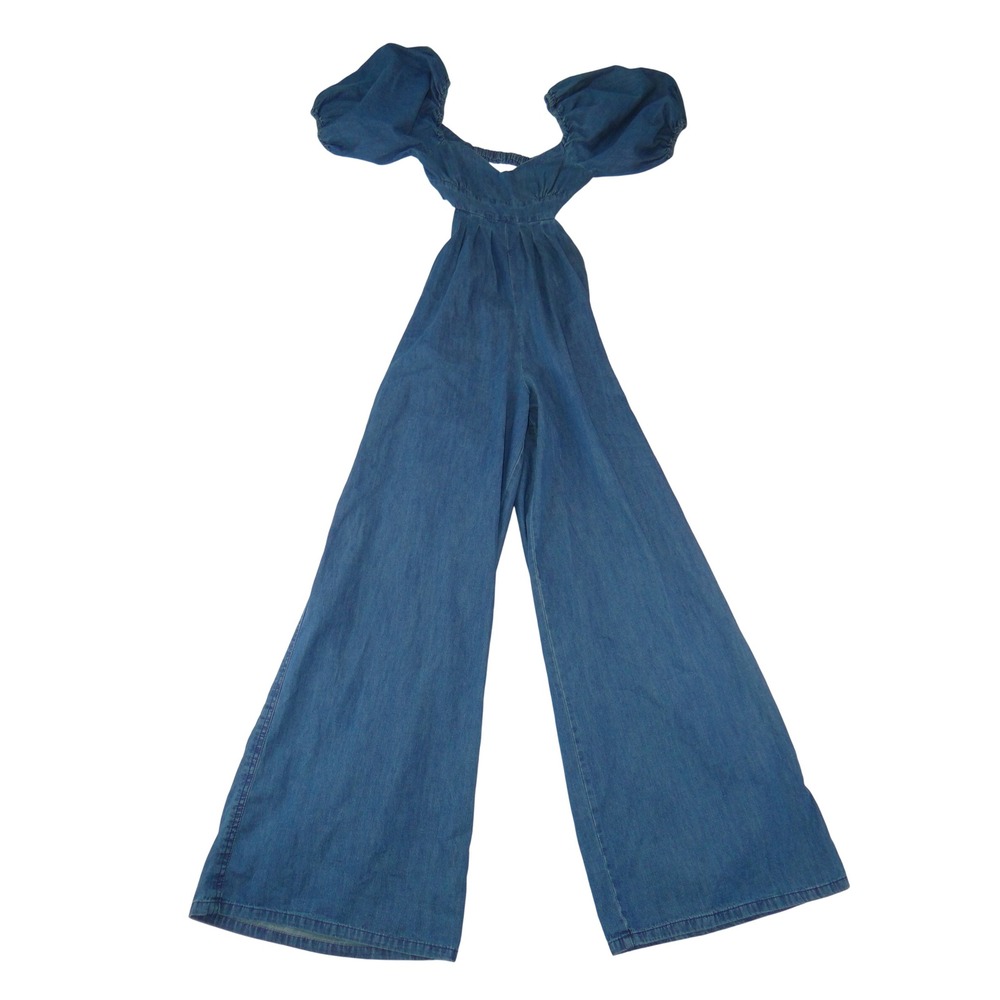 Forever 21 Blue Denim Puff Sleeve Wide Leg Jumpsuit Small NWT